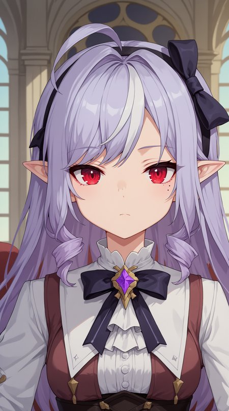 score_9, score_8_up, score_7_up,anime_source, source_anime, best background,  indoors,detailed background, anime screencap, 4k, upscale,  Vivian_ZZZ, 1girl, pointy ears, red eyes, long hair, mole under eye, looking at viewer, purple hair, bow, multicolored hair, streaked hair, ahoge, expressionless, portrait, closed mouth, upper body, hairband  <lora:Vivian_ZZZ_PONYv5:0.8>