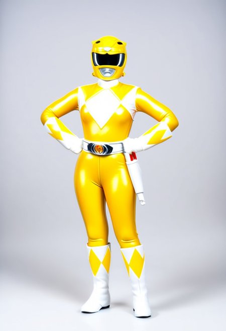 figurine, figurine, figurine of bald female yellow-power-ranger, alone, morphed, helmet, yellow catsuit, white gloves belt boots holster, standing square-on, plain grey studio background, arms down by sides, full body photo, hyperdetailed photography