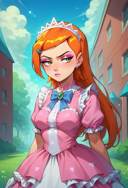 score_9, score_8_up, score_7_up, source_anime , 1girl, gwen tennyson (/Ben10)/, (ultra HD quality details), bright orange hair, green eyes, girly twintails, very long hair, masterpiece, best quality, absurdres, (pastel theme) magical girl, pink shiny dress, magical girl dress, sequins, madoka dress, petticoat, bell skirt, pastel colors, kawaii, frilled skirt, thighhighs, puffy dress, puffy short sleeves, gloves, tiara hairband, gem brooch, bow, ribbons, lace trim, frills, frilled fabric, sparkles, glitter, medium breasts,
lipstick, long eyelashes, eyeshadow, eyeliner, mascara, makeup,  
outdoors, nature, clouds, heart earrings, heart accessories, jewelry, frilled boots, solo, cowboy shot, looking to the side, half-closed eyes, pouty lips, pout, :T, v arms