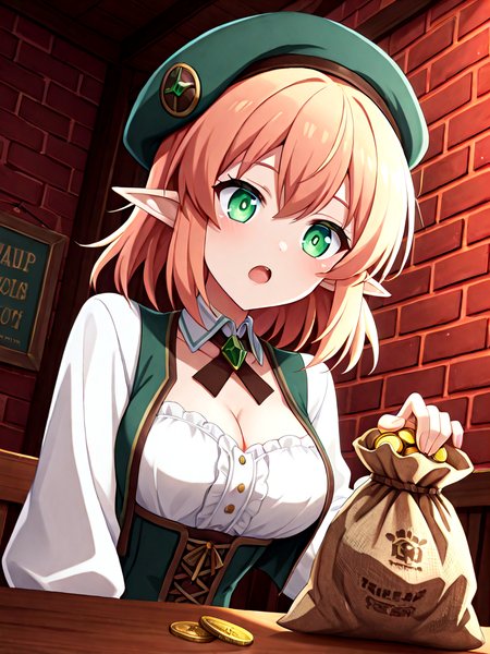 absurdres, explicit, gold coin, burlap bag, bag on table, upper body, 1girl, cleavage, breasts, vest, shirt, jewelry, guild interior, brick wall, indoors, pointy ears, beret, from below, <lora:coinbag_ilxl:1>