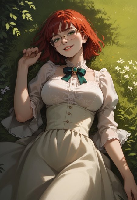 score_9,score_8_up,score_7_up,score_6_up,score_5_up, masterpiece, best_quality, ultra-detailed, from above, cowboy shot, face focus, Chiaroscuro Lighting Style
BREAK 
1girl, solo, short red hair, bangs, green eyes, aviator glasses, large breasts, smiling, green victorian dress, lying on back, lying on picnic rug
BREAK
green field, grass, trees, sunset, golden hour, dappled sunlight