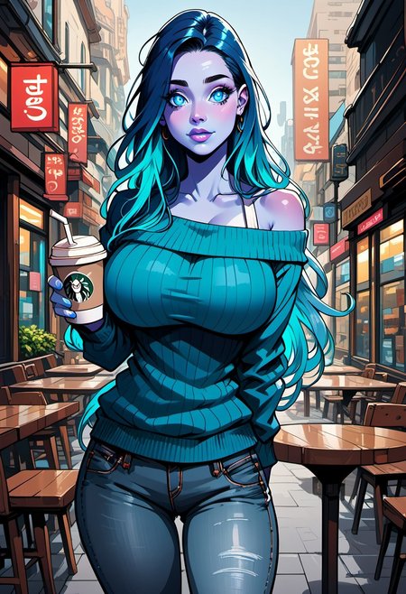 commix style, score_9, score_8_up, score_7_up, 1woman, mature, (blue skin:1.3), detailed blue eyes, large round eyes, bright eyes, (long dark blue hair:1.4), fiery hair, gradient_hair to light neon blue, (very long hair), blue lipstick, huge breasts, daytime, outdoors, side of street, coffee shop, table, chairs, bare shoulders, off-shoulder sweater, jean pants, drink,