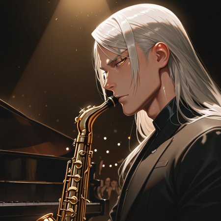 masterpiece, best quality, amazing quality, absurdres, newest, detailed background, definition so sharp, Ultra-HD, 8K cinematic, very awa, impressionate, amazing quality, highres, 
solo, male focus, manly, shadow, shiny skin, mature male, extream close-up, soft coloring,
mitsuhisahachiya, mitsuhisa_grey hair, mitsuhisa_yellow eyes, 1boy, long hair, scar across eyebrow, musician, jazz, piano, saxophone, cool_demeanor, smooth_operator, stage_lights, spotlight, focused_expression, sweet_melody, nightclub, elegant_suit, dim_lighting, appreciative_audience
