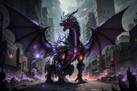 (robotic black and red dragon),(masterpiece, Extremely detailed, 8k, photorealistic,UHD,best quality, highres:1.3),robort,(photorealistic:1.2)(dept of field:1.2),dof, absurdres, (realistic:1.5),fine detail, HDR,  perfect illumination, distinct, , (open mouth),(cybernetic body),(fangs:1.2),(post-apocalyptic lanscape:1.2), wings, (claws),cyberpunk,electronic part,(breathing purple_fire:1.3),detailed eyes,
film grainy, insane details, intricate details, hyperdetailed, unreal engine, trend on artstation,highly detailed,science-fiction,futurist,
(mechanical),
<lora:Dragons v1:0.3>,<lora:FINAL  Robort:0.2>