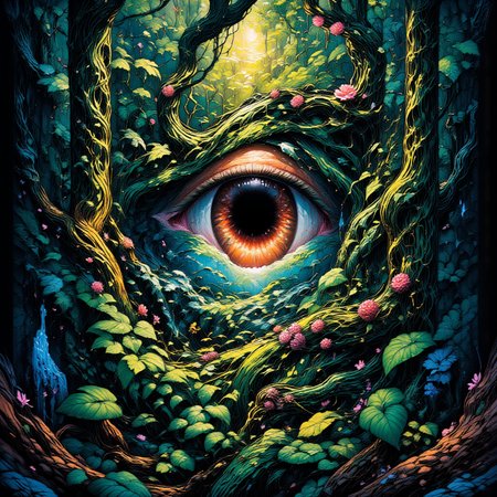 "Photorealistic album cover for 'Beauty's in the Eyes Reborn' showcasing an enormous,modelesque eye painted with extraordinary precision,staring straight into the soul of the viewer. The eye is surrounded by a dense,verdant forest,with leaves,vines,and wildflowers curling around the edges. The forest feels alive,magical,and lush,with light filtering through the trees,creating a sense of hope and wonder. The eye appears almost as if it's emerging from the wilderness,capturing a deep connection to natureâs beauty and mystery.",
<lora:ImageUpgraderV2:1>,<lora:Phlux:0.4>,<lora:aidmaPsychadelicWorld:0.4>,<lora:abstract_render_flux:0.4>,<lora:dreamlands_flux:0.4>,<lora:Dreamwave_FLUX:0.4>,dreamwave,<lora:Painted_World_Flux:0.8>,<lora:Scifi_Environment_Concept_Art_Flux:0.6>,