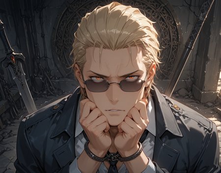 PonyScores7, source_anime, ah, 1IllustriousQual,
BREAK ((from above), (from side) view medium far from viewer)
BREAK <lora:albertwesker-guy-PONYv1:0.8> albertwesker, 1boy, toned, athletic, fit, mature male,  angular face, sharp_featured face, handsome, charming, alluring, <lora:shinyskin2:0.2> glistening skin, AS-MidAged, <lora:shinyskin2:0.2> glistening skin
BREAK slicked back hair, short hair, blonde, <lora:hairdetailpxl:0.2> hairdetailpxl, 
BREAK slit pupils, orange eyes, <lora:expressive eyes:0.2> expressive eyes, <lora:eyedetailpxl:0.2> eyedetailpxl, <lora:Eyes_High_Definition:0.2> EyesHD
BREAK (With his hands tied behind his back, Asher knelt in the center of the opulent drawing-room, his head bowed low, He awaited Lord Gideonâs arrival, his body trembling with a mixture of fear and anticipation, The silence was punctuated by the rhythmic ticking of the ornate clock on the mantelpiece)
BREAK (Deep blue and azure crystals that form a magnificent natural archway within the cave)
BREAK focused, intense glare, apathetic, contemptuous,  <lora:Expressive_H:0.2> Expressiveh, looking at viewer, <lora:Emotional_Anime_Expressions_PonyXL_Concept:0.2> emotional, <lora:Best_Facial_Expression_LoRA_PONY:0.2>, <lora:expresionesv3Rank128:0.2> expresiones, <lora:Detailed expressive EXEV style -XL Pony V1.0:0.2> FaceDetail
BREAK (ruthless chieftain, imposing with a stern look and a blood-stained spear), (sunglasses:1.3), 
BREAK <lora:xl_more_art-full_v1:0.2>, <lora:aesthetic_anime_v1s:0.2>, <lora:EpicF4nta5yXL:0.2>, <lora:detailxl:0.2> detailxl, <lora:Fant5yP0ny:0.2>, best quality, amazing quality, best aesthetic, absurdres, illustration, Volumetric_Lighting, ultra-detailed, very aesthetic, intricate details, 8k, masterpiece, best_quality
BREAK Stable_Yogis_PDXL_Positives, AS-Adult, <lora:Complicated fantasy portrait - XL Pony V2.0:0.2>, bad-hands-5, <lora:HDA_Detailer:0.3>