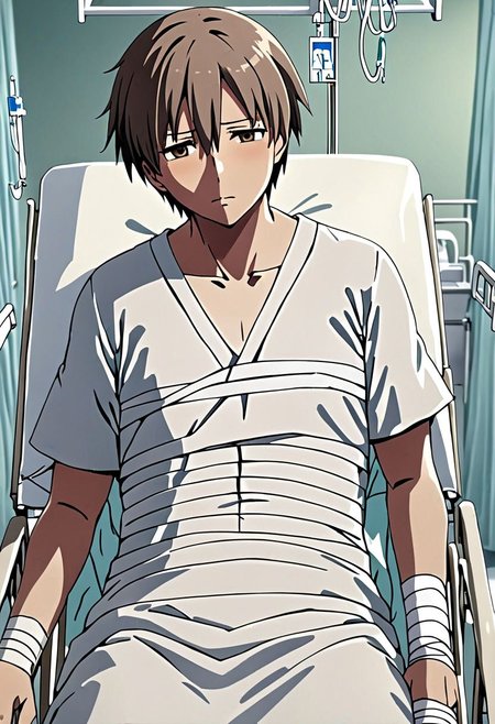 high resolution, solo, best quality, 1Boy, Takaki Toono, Brownish Hair, Brown Eyes, bandage, patient, hospital, OverallDetail