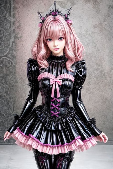 detailed full-length photo, full body, young lady, long straight pastel hair, rim lighting, (pink gleaming oily latex fabric), (pink puffy latex dress), pink puffy Bad_End_Precure princess dress, puffy latex sleeves, latex elbow gloves, tack sharp, crystal clear, 8K UHD, hyper-detailed eyes, high detailed skin, Feminine, (Perfect Face), (High Detail), detailed fingers, beautiful fingers, legs, thin eyebrows, glossy lips, (pink lipstick), (full makeup), (high heeled shoes), (princess shoes), (mary janes shoes), lots of frills and bows, 
<lora:more_details:1.5>, <lora:naughty_to_nice:3>