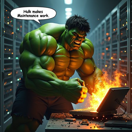 The Hulk smashing a computer,burning computer,angry, speech bubble above his head with text "Hulk makes Maintenance work.", server room background,realistic textures,highly detailed,masterpiece,high quality, 8K Ultra HD