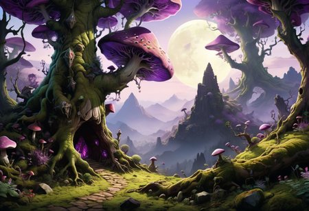 acrilic paint, digital, artstation, detailed intricate ink illustration, digital art, overdetailed art, concept art, complementing colors, trending on artstation, cgstudio, the most beautiful image ever created, dramatic, subtle, details, award winning artwork, beautiful scenery <lora:add-detail-xl:1>, <lora:xl_more_art-full_v1:0.75>, absurd res,
giant mushrooms,
a dramatic landscape, towering, ancient giant trees with sprawling roots create a dense mystical forest, (the bark forms the face of an old wise man), (growing on the trees, large, radiant crystals in shades of purple, green, and blue emerge from the rich, dark soil, casting an ethereal glow:1.5).  vibrant green moss, smaller, colorful plants. In the background, rugged mountains rise majestically. A hidden cavern entrance at the base of the mountains reveals a glimpse of a (subterranean world:1.5) filled with shimmering crystal formations, adding depth and mystery to the scene.
dramatic lighting with beams of sunlight filtering through the tree canopy, highlighting the (crystals:1.5) and creating a magical atmosphere.
Deep, earthy color tones for the soil and trees, contrasted with the vivid colors of the crystals and lush greens of the moss and foliage.
Emphasize the textures of the rough bark, smooth crystal surfaces, and soft moss to create a tactile and immersive experience.