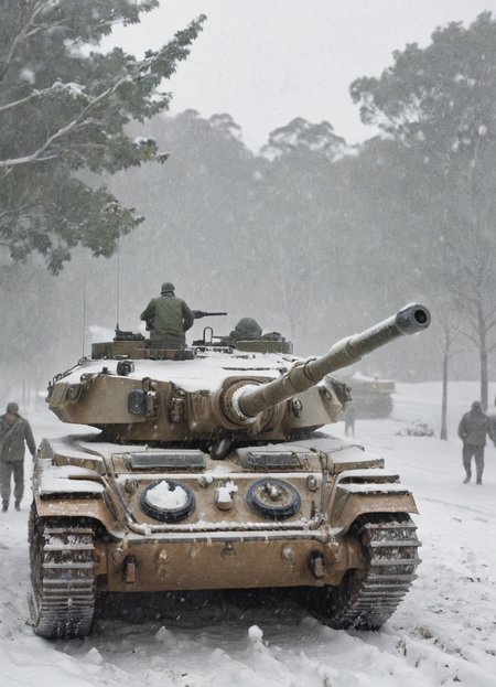 <lora:Centurion_Tank_SDXL:0.8> close-up of a cntrntnk tank in heavy snowfall,