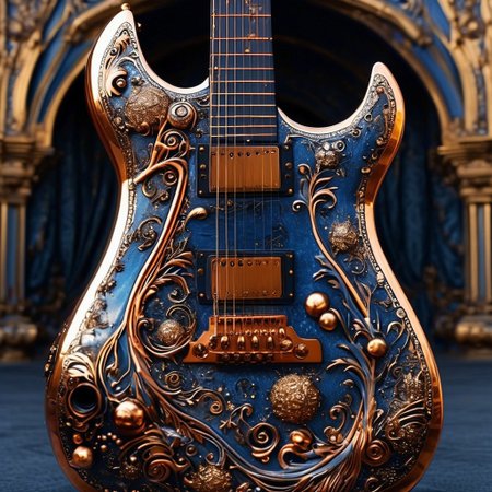 RAW photo of a very detailed guitar with whimsical elements, magical fairytale landscape, fantasy style art, black and gold colors, dusty blue theme, intricate details, ultra sharp, exquisite detail, flawless composition, vivid colors, masterpiece, exciting background,  timeless elegant and Exquisite Copper Ornaments