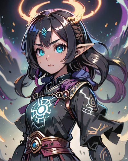 anime style, 1girl, Confident, solo, (style-swirlmagic:0.7), portrait, solo, from front, front view, half shot, looking at viewer, detailed background, detailed face, (<lora:CulturePunkAI_2:0.6>, SlavPunkAI, theme:1.1), (glowing eyes:1.05), large wide eyes,  shadowmancer, possessed, dark summoner clothes,  conjuring, dynamic pose,      glowing  runes,  floating particles, dark swirling summoning energy, calling forth eldritch souls, eerie gateway background, whirlwind, omen, ethereal atmosphere,