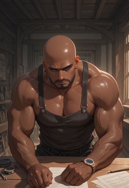 masterpiece, best quality, amazing quality, absurdres, newest, detailed background, definition so sharp, Ultra-HD, 8K cinematic, very awa, impressionate, amazing quality, highres, 
1boy, mbti_estj, muscular man, mature man, bald, dark skin, facial hair, blue eyes, watch, solo, artisan workshop, warm light, wooden textures, tools, focused, concentrated, calm demeanor, natural materials, hands at work, craftsmanship, details, soft shadows, inviting atmosphere, high quality, aesthetic