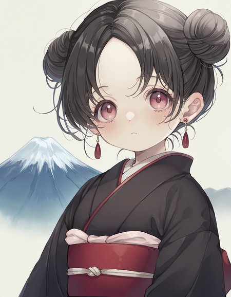 masterpiece,  best quality, newest, highres, absurdres,   <lora:rusetsuksr_style:1>,rusetsuksr_illu,1girl, solo, japanese clothes, kimono, upper body, black hair, hair bun, black kimono, double bun, sash, bangs, obi, short hair, looking at viewer, blush, parted bangs, closed mouth, earrings,mount fuji,