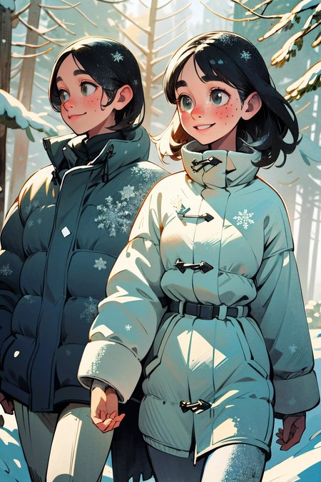 friends on a walk through a snowy forest. winter sun, snowflakes. smiling happy faces.  kkw-skin-det-all_checkpoint_skin_detail_-_skin_detail_v1.0 , overalldetail-detail_++_-_overall_detail  . detailed faces, (realistic:1.2), (masterpiece:1.2)