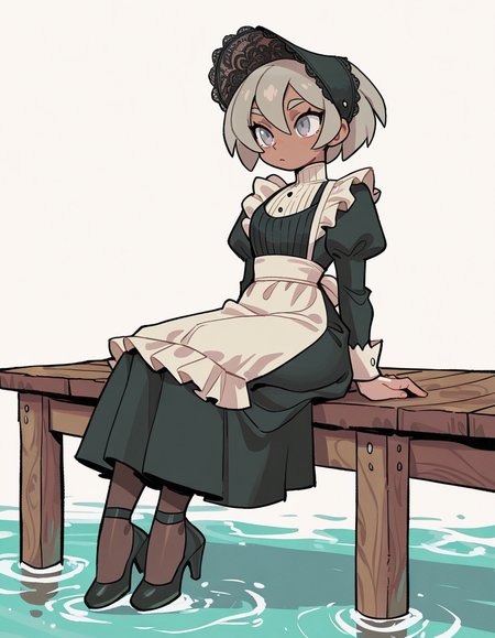 1girl, solo, <lora:knuxze:1> knuxze,
bea_\(pokemon\), dark-skinned female, servant outfit, victorian-style dress, apron, pantyhose, low heels, lace cap, sitting on a wooden dock, watching sailboats glide across the water
, extremely detailed, highres, masterpiece, best quality