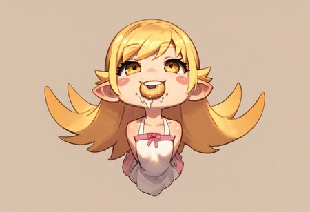 cute , Oshino_Shinobu , yellow_eyes, blonde_hair, long_hair, flat_chest, pointy_ears, blush_stickers, white_dress , Chibi , eating donut ,
zPDXL3 , score_9 , score_8 , score_7 , score_6_up , highly detailed , high quality , high res , masterpiece, quality highlights, 8k detail, ultra-detailed,