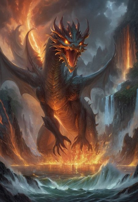 "Create a hyper-realistic photographic image illustrating a surreal and imaginary scene. Imagine a vast, serene lake surrounded by a lush, green forest. Emerging from the water, a furious dragon with shimmering, scale-covered skin erupts, its massive body rising powerfully. The dragon's eyes glow with a fierce intensity as it breathes a torrent of blazing fire, setting the surrounding forest ablaze with powerful, raging flames. The contrast between the tranquil water and the chaotic inferno creates a striking visual impact. The image should have vivid, dynamic colors, highlighting the blue of the water, the green of the forest, and the red-orange of the flames. The dragon should be highly detailed, with scales glistening in the light of the fire. The scene should be captured with a wide-angle lens to encompass the grandeur and intensity, and styled with a blend of fantasy and realism to emphasize the surreal, mythical nature of the moment." 
Setting: A vast, serene lake surrounded by a lush, green forest.
Main Element: A furious dragon emerging from the water.
