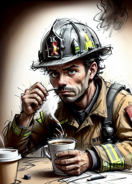 4k Resolution, best Quality, OverallDetailXL,
90's cartoon style, scribble, rough pencil sketch, pastel, very tired man drinking coffee, firefighter, dark eye bags,