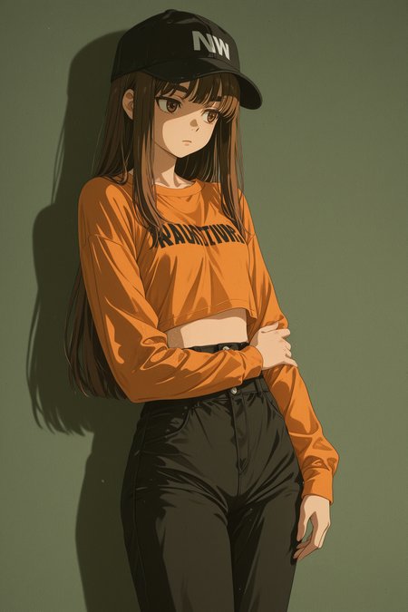 (anime coloring:1.2),
solo, 1girl, long hair, straight hair, brown hair, brown eyes, detailed eyes, thick eyebrows, orange crop top, long sleeves, oversized top, text on clothing, high-waist pants, black pants, baseball cap, tow-tone hat, yellow and black hat, casual pose, neutral expression, looking to the side, soft shadows, highres, neutral background, studio background, plain background, masterpiece, very aesthetic, absurdres