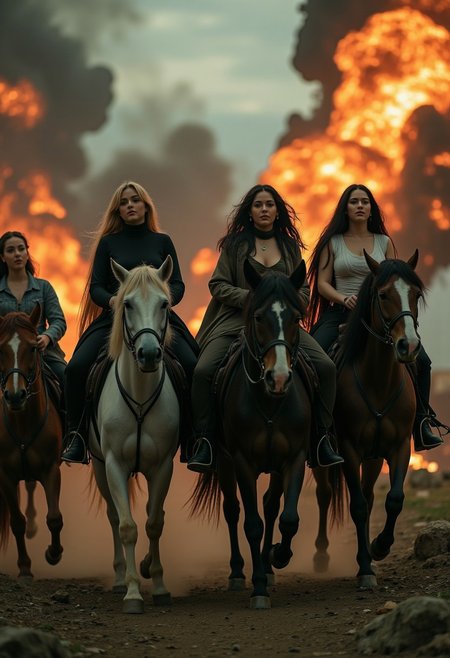 four beautiful women on horses representing the four horsemen of the apocalypse. A dystopian scene as the women ride the horses, dark angelic women,
