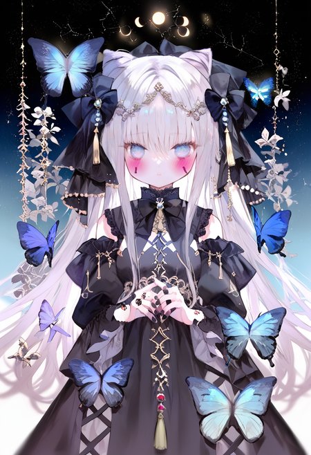 score_9, score_8_up, score_7_up, score_6_up, <lora:oninekoXL_TPN55_lokr_V43P1:0.95>   1girl, bug, butterfly, solo, long hair, blue butterfly, dress, looking at viewer, black bow, tassel, blush, bow, blue eyes, black dress, white hair, closed mouth, detached sleeves, crescent, black nails, hair bun, star \(sky\), double bun, hair ornament, jewelry, nail polish, very long hair, own hands together, cone hair bun, puffy sleeves, long sleeves, facial mark, constellationta fashion, moon, grey hair, hair bow, key, crescent moon, ring