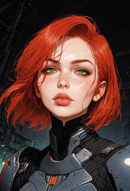 ((zPDXL3)), score_9, score_8_up, score_8, ((waist-up portrait)), (SuperQuality:1.0) ~ (SuperQuality:1.2), Science Fiction, Star Wars, perfecteyes, ultra detailed, high resolution, high quality, masterpiece, intricate details, intricate body, intricate landscape, knva, Expressiveh, European Instagram Model, upper body shot, low light, dungeon, ruins, green glow, black background, 
BREAK
1girl, solo, source_cartoon, mature female, 1girl, femshep, red hair, short hair, green eyes, freckles, science fiction armor, beautiful, full lips, looking at viewer, closed mouth,