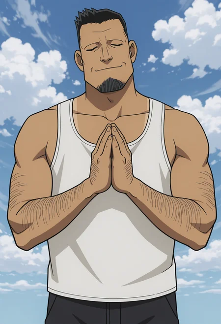 b1gd4d, 1boy, white tank top, praying, clapping, light smile,
blue background, cloud, facing viewer, head tilt, cowboy shot,
BREAK
<lora:Tsutomu_Muranaka_from_Detective_Conan_The_Bride_of_Halloween_v1.0:1> anime screenshot,
tsutomumuranaka, mature male, no eyebrows, black hair, short hair, goatee, tan skin, thick arm hair,
<lora:Best_Dad_Ever:0.3>
BREAK
very awa, masterpiece, best quality, absurdres, newest, perfect quality, detailed background, intricate details,