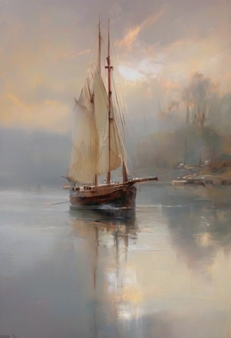 A mesmerizing oil painting by Richard Schmid,capturing a solitary sailboat moored in a mist-covered lake at dusk. The warm,amber glow of the setting sun casts a magical light across the water,contrasting with the cool,enveloping fog. The shoreline,adorned with faint outlines of distant mountains,is barely visible through the mist. The sailboat,with its elegant lines and detailed craftsmanship,is masterfully rendered with impeccable brushwork,showcasing the reflections and subtle textures in perfect harmony. The painting evokes a sense of serene isolation and poetic beauty,transporting the viewer to a world of tranquility and wonder,full color,dramatic ambient cinematic composition,dynamic scenic,mystical,creative,deep colors,extremely inspirational,, ultra quality, ultra detailed<lora:Epic_Landscape_Generator_SD15:1><lora:Epic_Landscape_Generator_SD15:1>