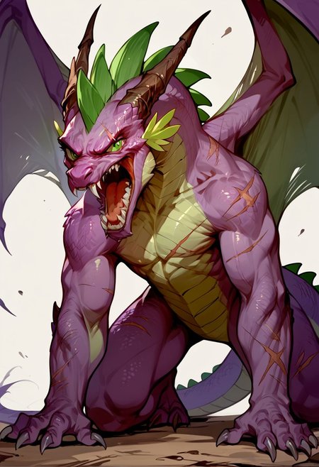 score_9, score_8_up, score_7_up, source_anime, solo, Spike (my little pony), angry, rage, roaring, wings, on all fours, (anthro dragon:1.2), scars, simple background, (detailed image, high resolution, 5k resolution:1.0), (horror art style:1.1)