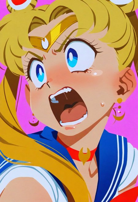 masterpiece, best quality, amazing quality, absurdres, colorful, no lineart, fisheye view.
sailor moon, blonde hair, blue eyes, open mouth, aggressive, surprised, angry. 
pink background