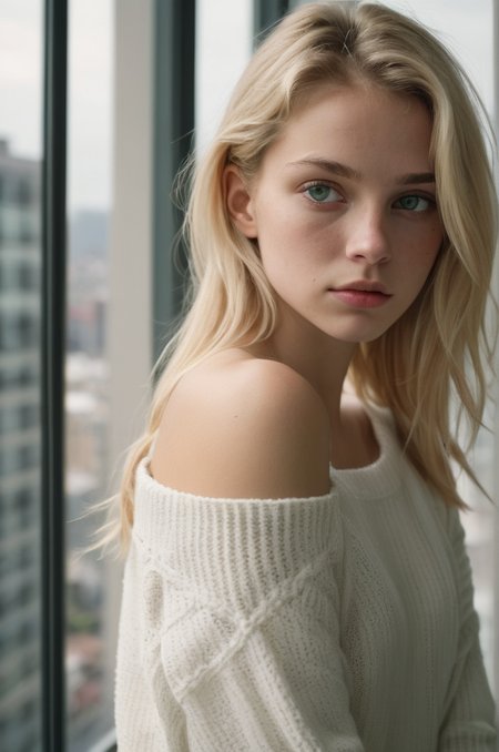 A girl in a (sexy open-shoulder white sweater:1.5), looking out a high-rise apartment window at the bustling city below, a look of melancholic longing on her face, analog film photography
encouraging dynamic poses, unexpected angles, and a sense of movement and energy.
(18 year old blond girl:1.5), (green eyes), (half-body portrait), (close-up), (freckle),
