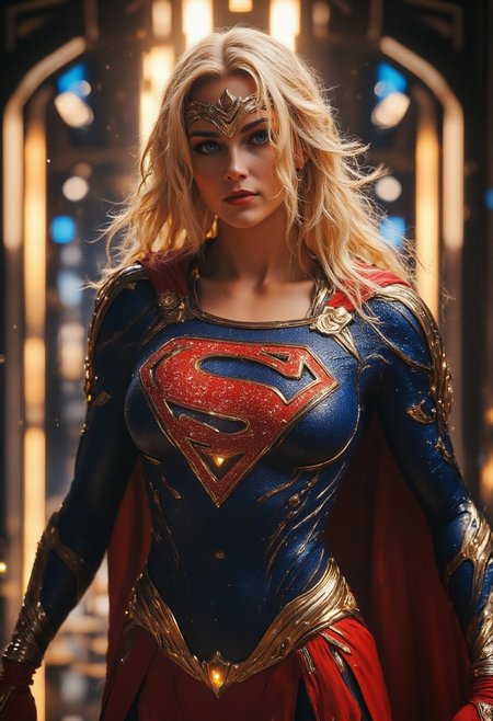 realistic, PHOTOREALISTIC, ((perfect anatomy)), (futuristic Superhero:1.3), ((sexy dynamic pose:1.3)), 25 years old, perfect quality, high quality, (sci-fi, married, dc comics :1.3), goddess, confident smile, (Supergirl, kara zor el, long intricate blonde hair, hair blowing in wind, glowing blue eyes:1.3) athletic female, ((fitness models, muscle detail, detailed muscle)), long athletic muscular legs, athletic round muscular butt, athletic hips, perfect breasts, perfect body, epic, long hair, intricate hairstyle, cute, soft skin, soft skin, textured skin ,shining glossy skin, soft abs, athletic waist, (slender body), dynamic angle, dynamic, dynamic shot, sci-fi, futuristic, ((intricate blue top, (S symbol), red skirt, red cape blowing in the wind, Circlet, red boots) showing sexy body underneath:1.2, armor parts on body:1.2, marble armor:1.2, navel piercing)) Expressiveh, (volumetric lighting:1.2), cinematic, cinematic lighting, reflections, ultra hd, visual effects, graphic effects, ambient occlusion, raytracing, soft lighting, realistic, blum effect, masterpiece, absolutely eye-catching, particles, glow, shining, (intricate cinematic background, ((in a sci-fi palace, large windows futuristic city in background, flying towards viewer, demanding they kneel before her, god rays), (beautiful cute face),