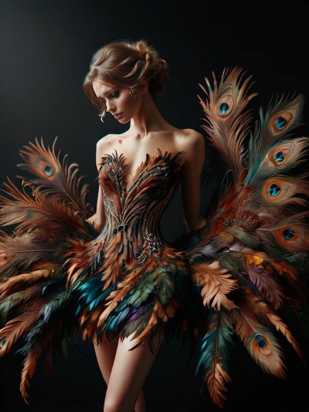 ral-feathercoat, a dress with a feather design on it <lora:ral-feathercoat-sdxl:1> black background, dim warm backlight, ring light