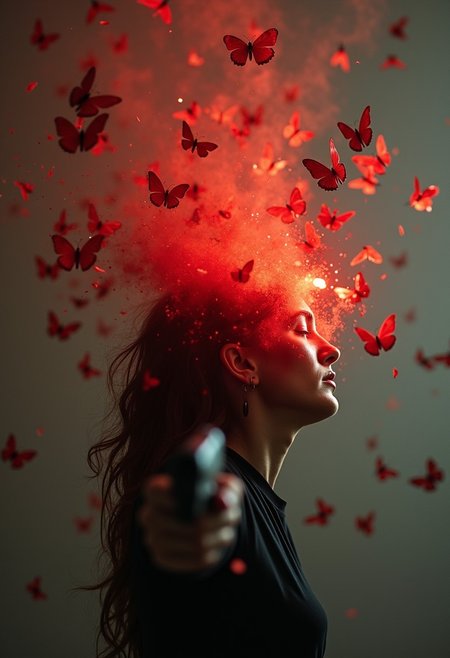 a photo of a woman holding a gun to her head and having just pulled the trigger, the head literally explodes and flies away in pieces in the direction of the shooting path. but instead of flesh and blood, many tiny red butterflies fly away, cinematic, atmospheric backlight and translucent detailed butterfly wings through which the light is colored a faint reddish color