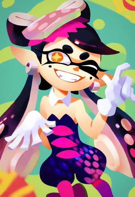 score_9, score_8_up, score_7_up, score_6_up, score_5_up, score_4_up, BREAK,
1girl, solo, callie \(splatoon\),  long hair, black hair, yellow eyes,  pointy ears, tentacle hair, inkling, 
detached collar, dress, purple pantyhose, short jumpsuit, strapless,  white gloves, 
smiling at viewer,happy, wink, BREAK,playground background, from above, low contrast, face closeup
<lora:SplatoonXLLocon:1>