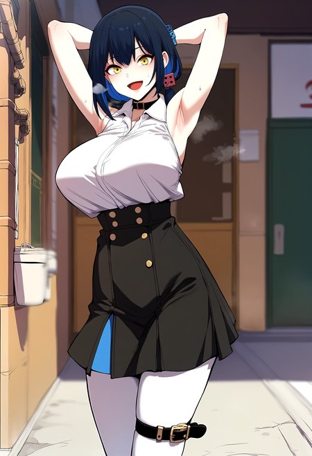 score_9, score_8_up, score_7_up, score_6_up, source_anime, rating_explicit, <lora:neg4all_bdsqlsz_V3.5:2.0>1girl, (solo:1.1), huge breasts, <lora:Bang Yerimponyxl:1> blue hair, black hair, yellow eyes, multicolored hair, short hair, blue nails, low ponytail, dice hair ornament, black choker, collar, white shirt, sleeveless shirt, collared shirt, wristwatch, belt, high-waist skirt, black skirt, white pantyhose, thigh strap, smile, open mouth, Narrow shoulders, heavy breathing, steaming body, alley, indoors, looking at viewer, arms behind head, from side