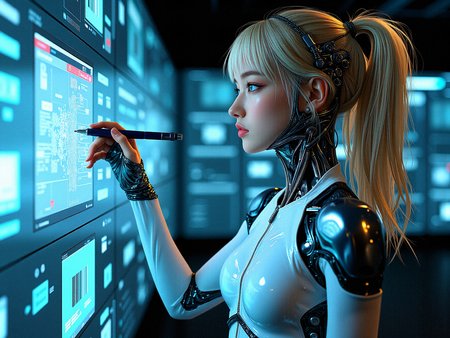 Extreme photorealistic depiction of a female hacker in a cybernetic network hub, surrounded by advanced computer systems and holographic data streams. She is wearing a sleek, alloy plating cybernetic suit embedded with cybernetic enhancements, and her blonde hair is partially illuminated by the various screens and floating holograms. The environment should feel realistically futuristic and dense with digital information, with glowing data cables and interfaces interweaving throughout the space. Highlight the contrast between her calm demeanor and the complexity of the cybernetic hub.

a subtle, integrated communication system in her head or neck, with tiny speakers and microphones for direct interaction.a form-fitting, adaptive fabric bodysuit that covers parts of her body, adjusting its texture and rigidity based on her needs.Introduce subtle, bioluminescent vein-like structures that run through her mechanical components, pulsing gently with a soft glow.Integrate glowing, circuitry-like patterns onto her metallic parts, that light up and pulse.

standing with one hand held up while her other one hand touching her own chin,  writing on a transparent surface using a digital pen as if it's a holographic display.
