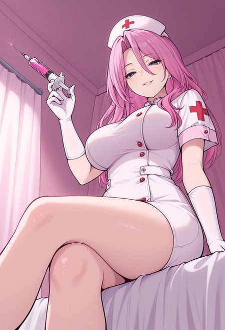 masterpiece, best quality, 1girl solo, ChaJdHSR, blue eyes, pink hair, long hair, nurse cap, nurse, gloves, holding syringe, large syringe, bed, from below, seductive smile, sitting,  <lora:ChamJadeHSRIllustriousXL:1>