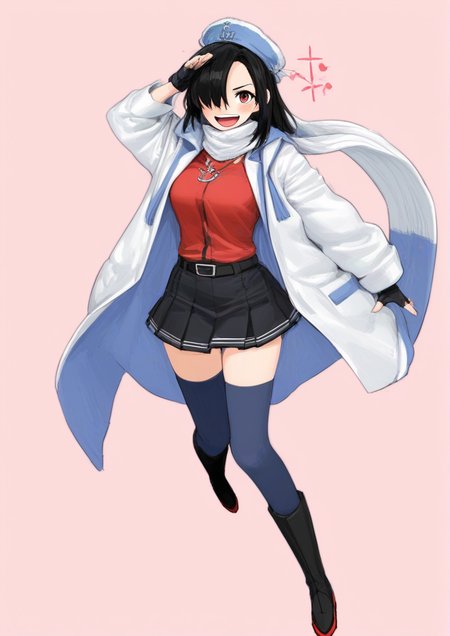 1girl, hayashimo (kancolle), tashkent (kancolle), by kodoto, anchor necklace, belt, black belt, black footwear, black gloves, black hair, black skirt, blue shawl, boots, brown legwear, cosplay, fingerless gloves, fur hat, gloves, hair over one eye, hat, jacket, jewelry, long hair, looking at viewer, necklace, open mouth, pantyhose, papakha, pink background, red eyes, red shirt, scarf, shawl, shirt, skirt, smile, solo, star (symbol), tashkent (kancolle) (cosplay), thigh boots, thighhighs, two-tone background, white jacket, white scarf, zPDXL3
<lora:Yangmal_Jellyìë§ì ¤ë¦¬:1>