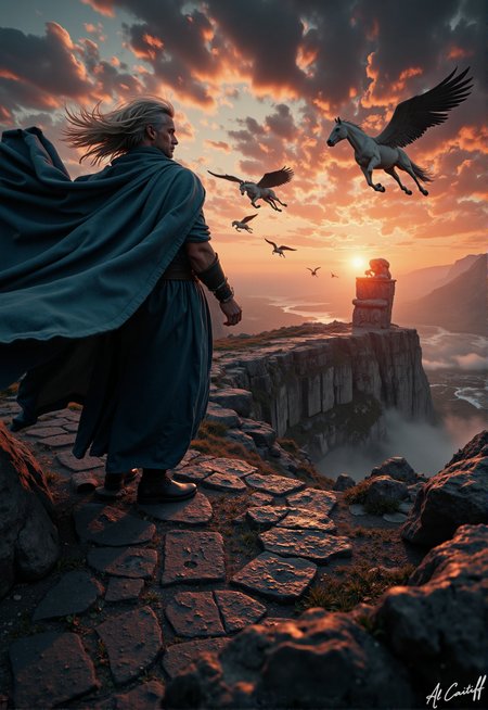 Extreme low-angle shot, 14mm ultra-wide fisheye lens with pronounced barrel distortion, intense motion blur on the wind-swept figure, very shallow f/1.4 depth of field. A lone figure, a man with a rugged face and a wild shock of silver hair, stands at the edge of a precipice, clad in a flowing cloak of deep indigo, its hem fluttering in the gusts. He wears a serene expression, his eyes closed as if in contemplation. In the distance, a procession of winged horses gallops across the sky, their manes streaming behind them. A colossal statue of a long-forgotten deity looms in the background, its features worn by time and weather. The sky is ablaze with a fiery sunset, the sun a burning orange-yellow disk, its rays casting a warm glow over the landscape. In the foreground, a winding path of black stone snakes through the rocks, etched with intricate hieroglyphs that seem to shimmer in the fading light.<lora:CustomFlux/MysticRealism.safetensors:1.0000000000000002:1.0000000000000002>