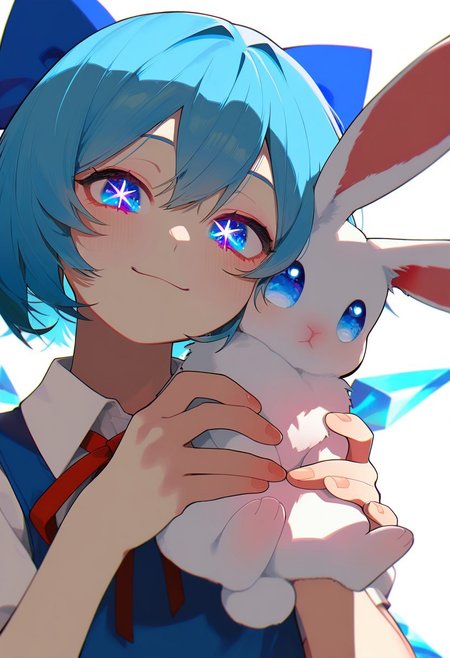masterpiece, best quality, very aesthetic, high resolution, ultra-detailed, absurdres, newest, extremely detailed eyes, beautiful, perfect lighting, hi res, amazing quality, very awa, jui_sio, JUI_SIO, 
1girl, solo, cirno, holding rabbit, smile, sparkling eyes, close up, white background , masterpiece, highres, high quality, absurdres, year 2024, very awa,