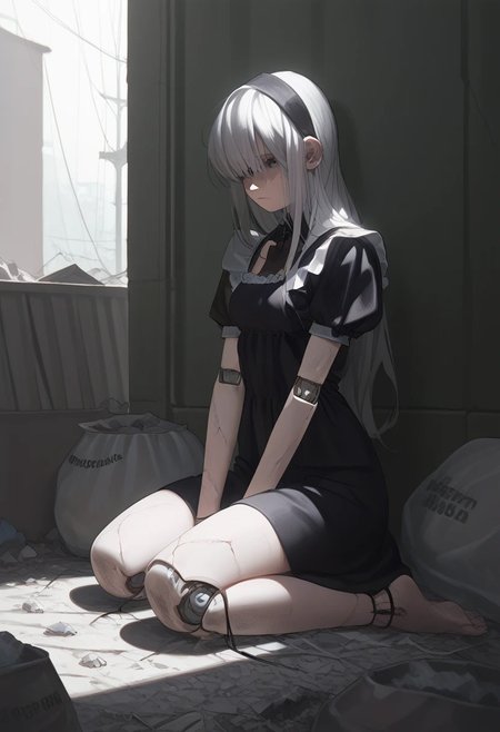 abbystea style, detailed,masterpiece,score_9,score_8_up,score_7_up,score_6_up,1girl,female, solo,anime,white hair, long hair,blue eyes,metal skin,wire,(cracked skin),melancholy,joints,android,mechanical parts,dark,sitting,trash bag,trash,slums,dirty,clutter,sad,barefoot,poverty,catharsis,cracked face, fullbody, sunlight,black dress, maid outfit, puffy sleeves,source_anime, outdoors, sad face, close up, ripped clothes, large breasts, hands, wires, clothing cutout, postapocalypse, greenery, covered eyes, blindfold