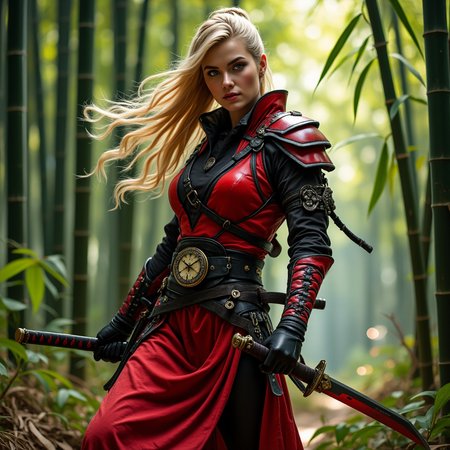 A dynamic and powerful ninjapunk warrior stands in a bamboo forest, her red and black armor contrasting with the natural surroundings. She wields a katana, her blonde hair flowing freely as she moves with a graceful and confident stride. Her outfit is adorned with intricate details, including a belt with a clock and a decorative medallion, and she wears black gloves. The scene is set in a bamboo forest, with tall bamboo stalks and leaves forming a natural backdrop. The ninja style dynamic_pose is focused, exuding a sense of readiness and strength.   <lora:artist/style of H. R. Giger FLUX 295-000006.safetensors:1.0>, style of H. R. Giger, <lora:flux_trainer/fluxPunk_v12_rank16_bf16>,  <lora:flux/ARTifacts>,  <lora:flux/flux_realism_lora>,  <lora:flux_trainer/fluxPunk_v12>