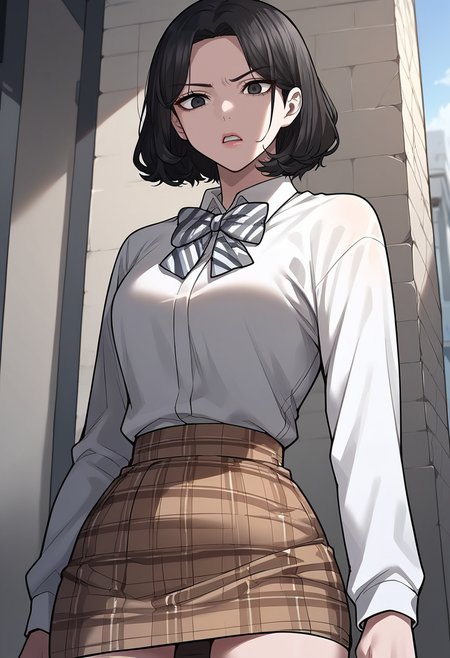 masterpiece, best quality, source_anime, uncensored, score_9, score_8_up, score_7_up, score_6_up, score_5_up, score_4_up, 1girl, solo, siyeon, short hair, black hair, black eyes, school uniform, white shirt, collared shirt, long sleeves, shirt tucked in, striped bowtie, plaid skirt, pencil skirt, brown skirt, cowboy shot, looking at viewer, closeup, dynamic angle, standing, glaring, parted lips <lora:IRLQuestSiyeon:0.85> <lora:add-detail-xl:0.6> <lora:cfg_scale_boost:0.5> <lora:Expressive_H:0.6> <lora:zy_Detailed_Backgrounds_v1:0.5>