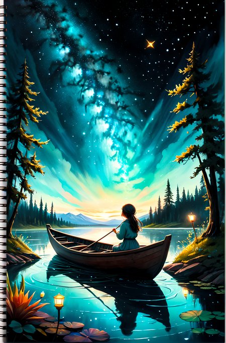 Hand drawing with pastel watercolors of a girl sitting in a small wooden boat fishes for stars in a turquoise lake as if they were dreams she would be pleased to capture.
Bioluminescent stardust spreads from the girl head up into the black night sky.
The stars in the lake and on the fishing rod are the only source of low luminetric ligths in this scene besides the stardust.

<lora:add-detail-xl:0.60>, <lora:xl_more_art-full_v1:0.40>, <lora:wowifierXL:0.50> art by mooncryptowow, <lora:LineAniRedmondV2-Lineart-LineAniAF:0.8> lineart, LineAniAF, <lora:caogao:0.8> sketch