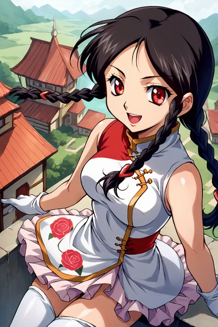score_9, score_8_up, score_7_up, source_anime BREAK 1girl, solo, kiddy_tweedledee, 1990s\(style)\, china dress, frills, white gloves, elbow globes, white thighhighs, black hair, long hair, twin braids, red eyes, looking at you, smile, open mouth, from above, china town <lora:kg_tweedledee:1>