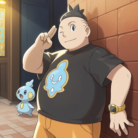 radiant reflections, rich color tones, deep contrast, intricate textures, luminous lighting, cinematic ambiance, shimmering gradients, best quality, colorful, masterpiece, detailed_background, <lora:tierno-v1:1> (p-benigno), 1boy, chubby, young:0.5, black t-shirt, print t-shirt, pokemon \(creature\) print, black watch, orange capri pants, against wall, two-finger salute, from side, leaning back, looking at viewer, outdoors, one eye closed, upper body,