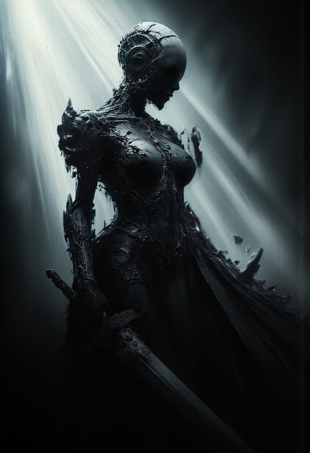 analog film photo (art by Zdzislaw Beksinski:2). baroque style. gothic. skinny woman. mechanical. giant cyberpunk sword. epic, glorification, backlit, god rays, <lora:- Flux1 - vanta_black_V1.0.safetensors:0.5>,  <lora:aiai-Glimra-Flux-Dev-v2.safetensors:0.5>, aiai-Glimra <lora:Dever_Flux_Enhancer.safetensors:0.5>,  <lora:ARTifacts.safetensors:0.75>,  <lora:Movie_Portrait.safetensors:0.75>,  . faded film, desaturated, 35mm photo, grainy, vignette, vintage, Kodachrome, Lomography, stained, highly detailed, found footage